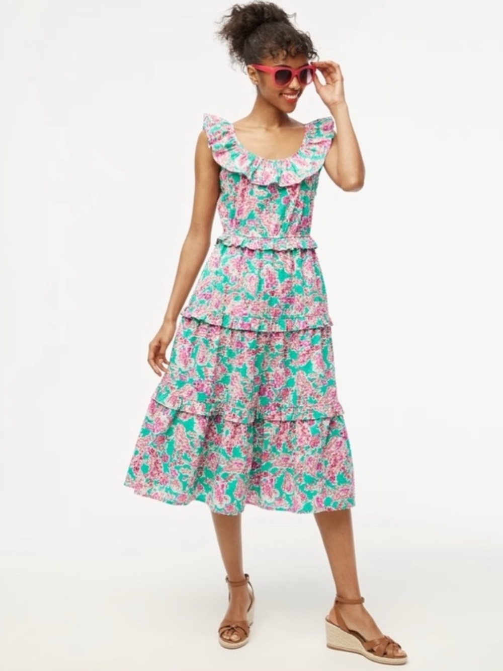 J. Crew Floral Ruffle Midi Dress in Pink & Green